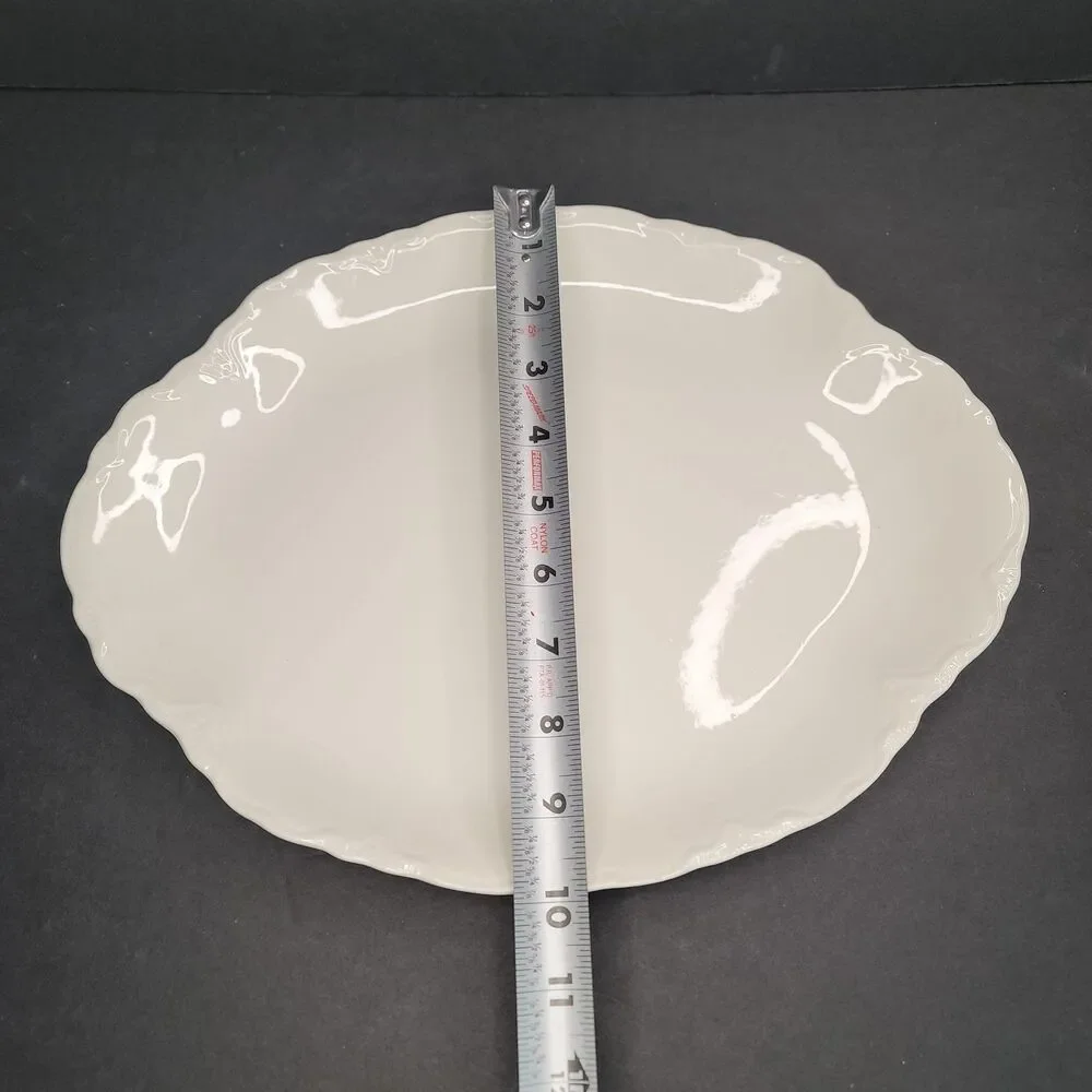 Vintage White Ceramic Oval Serving Platter Embossed USA Bottom Farmhouse 13